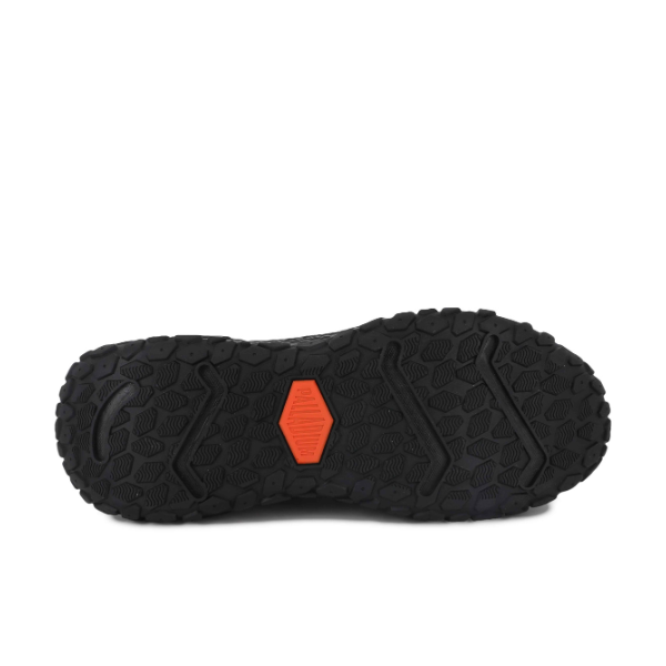 Palladium Offbound Hydro sneaker in Black - sole view showing textured grip pattern with orange detail