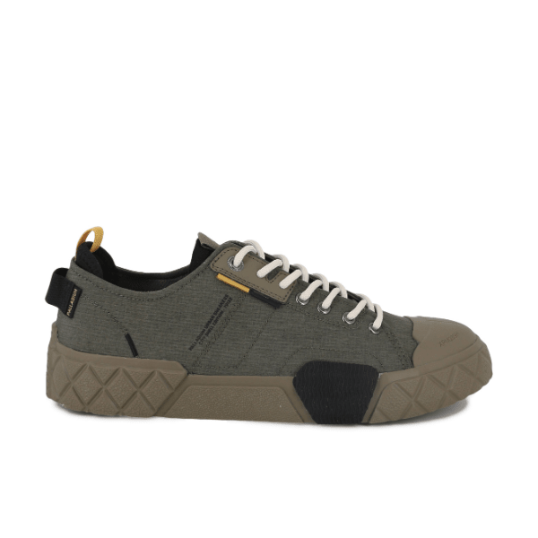 Palladium Ace City Shell in Olive Night Green - side view showing micro ripstop upper and diamond texture outsole
