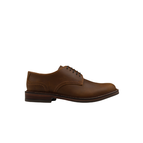 Chapman & Moore Plain Country Derby in Tan - side view showing waxy leather upper and rubber cleated sole