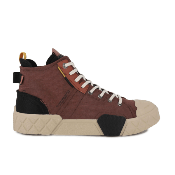 Palladium Ace City Shell Chukka Racoon high-top sneaker – side profile, brown micro ripstop upper with yellow tongue accent and diamond outsole