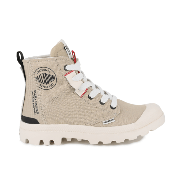 Pampa Hi Urban Taupe Rice high-top boot - side view with zigzag stitching and white laces