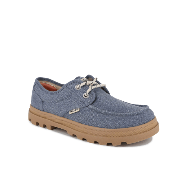Palladium Dunelite Moc Cushion sneaker in Vintage Blue - angled side view showing red lining detail