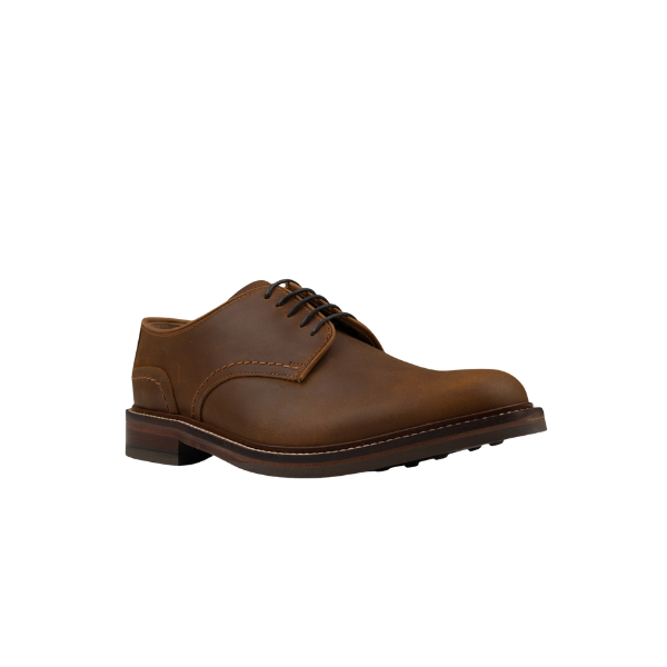 Chapman & Moore Plain Country Derby in Tan - angled view showing lace-up detail and rubber sole