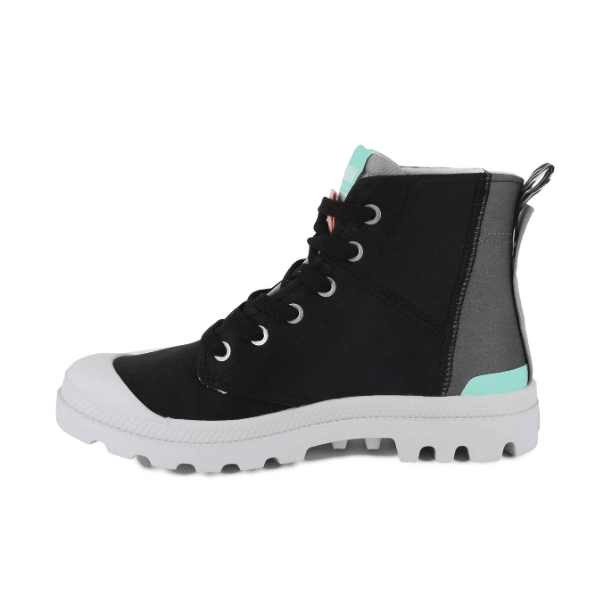Pampa Hi Urban Layer Black high-top boot β outer side view with teal heel tab and white outsole