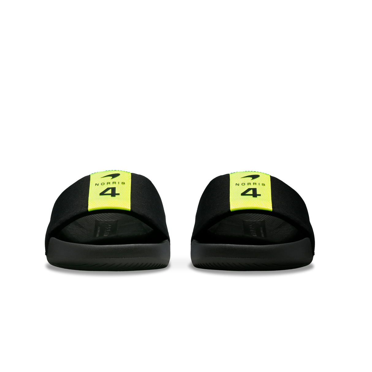 K-Swiss x McLaren Slide Sandals β top view of pair showing Lando Norris Number 4 McLaren branding on Safety Yellow strap