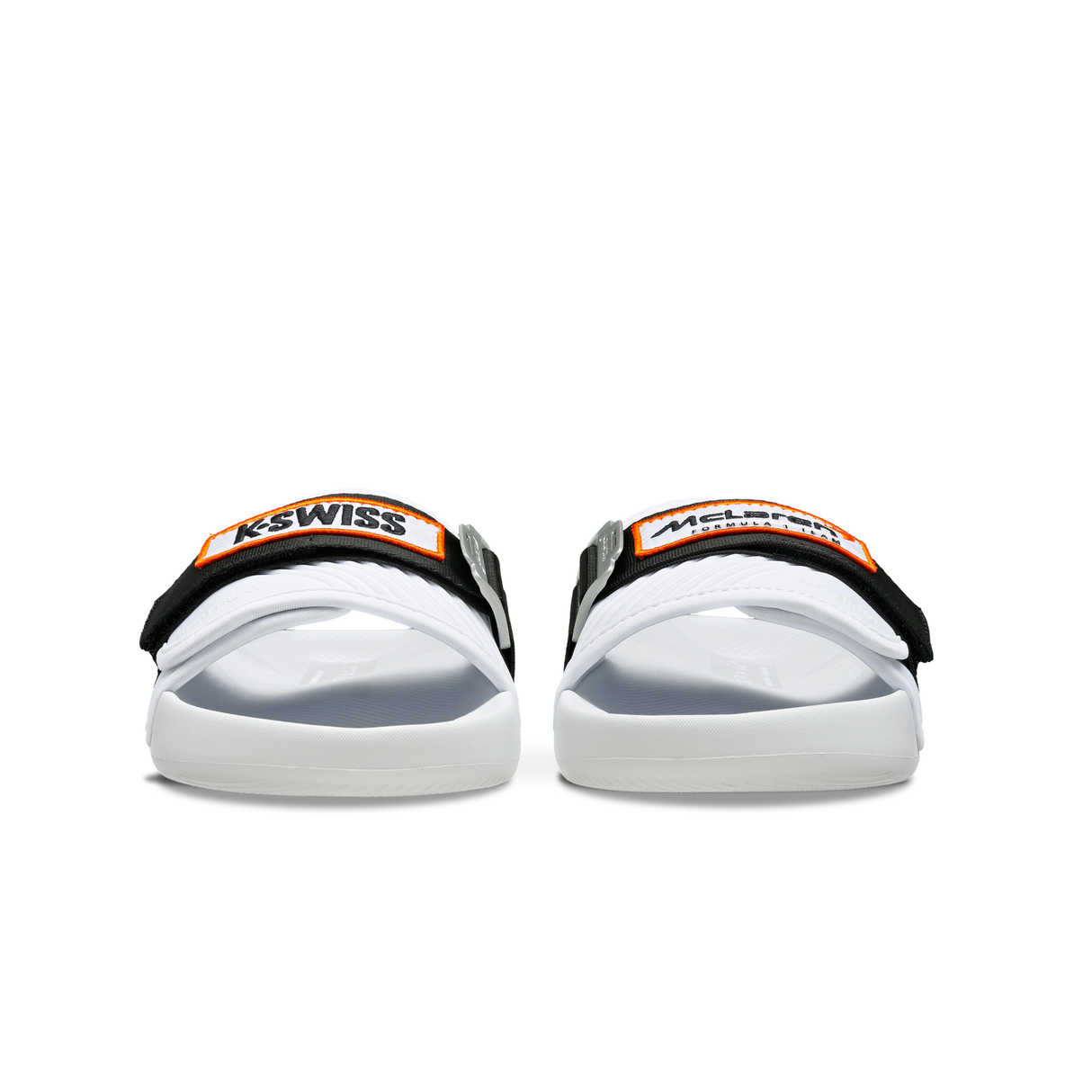 K-Swiss x McLaren Strap Sandals White Black - Front Facing Pair View with Branding