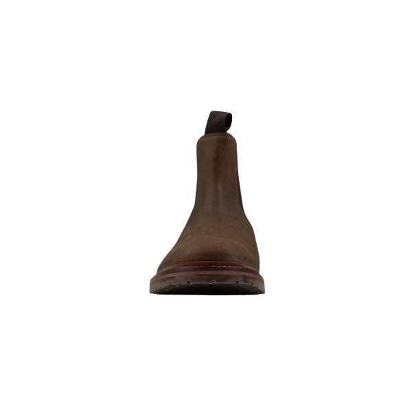 Chapman & Moore Country Chelsea Boot in Chocolate - front toe view showing round toe and leather construction