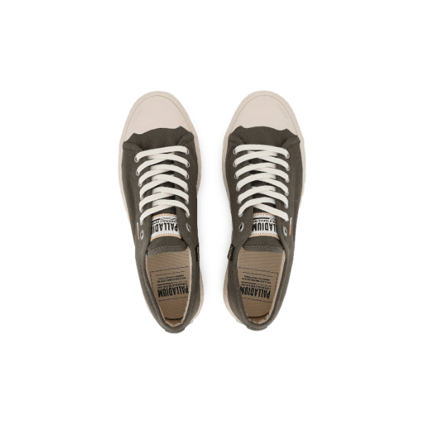 Palladium Palla Ace Washed CVS Olive Night - overhead pair view displaying the canvas upper, lace-up design and Palladium tongue branding