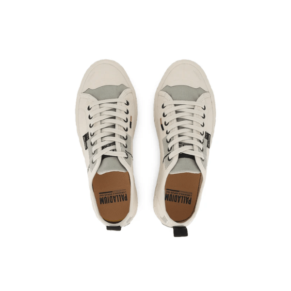 Palladium Palla Ace HTG Supply White Cap Grey - overhead pair view showing canvas upper, lace-up design and Palladium tongue branding