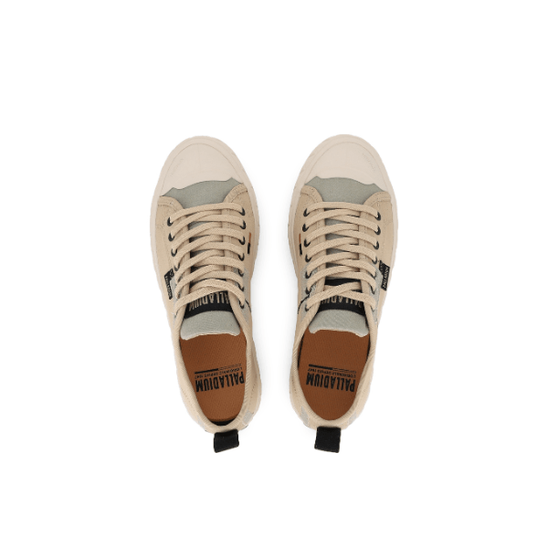 Palladium Palla Ace HTG Supply Mojave Desert - overhead pair view displaying canvas upper, lace-up design, Palladium tongue branding and back pull tab