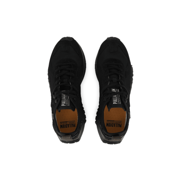 Troop Runner Black Olive Night sneakers β top-down view of both shoes showing black laces and Palladium branded insole