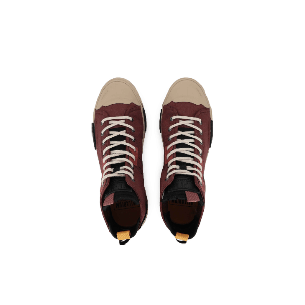 Palladium Ace City Shell Chukka Racoon sneaker pair – overhead view showing brown micro ripstop upper, beige toe cap, white laces and yellow tongue