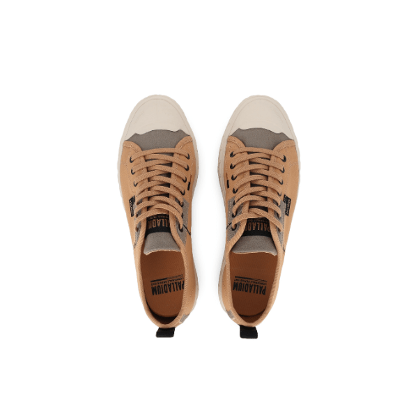 Palladium Palla Ace HTG Supply Woodlin sneaker pair β overhead view showing grey toe cap, tan canvas upper and lace-up closure