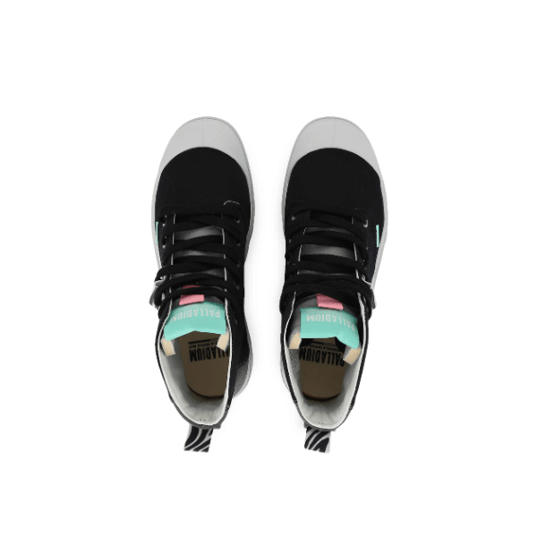 Pampa Hi Urban Layer Black high-top boots β top-down view showing zebra-print inner lining and teal pull tab