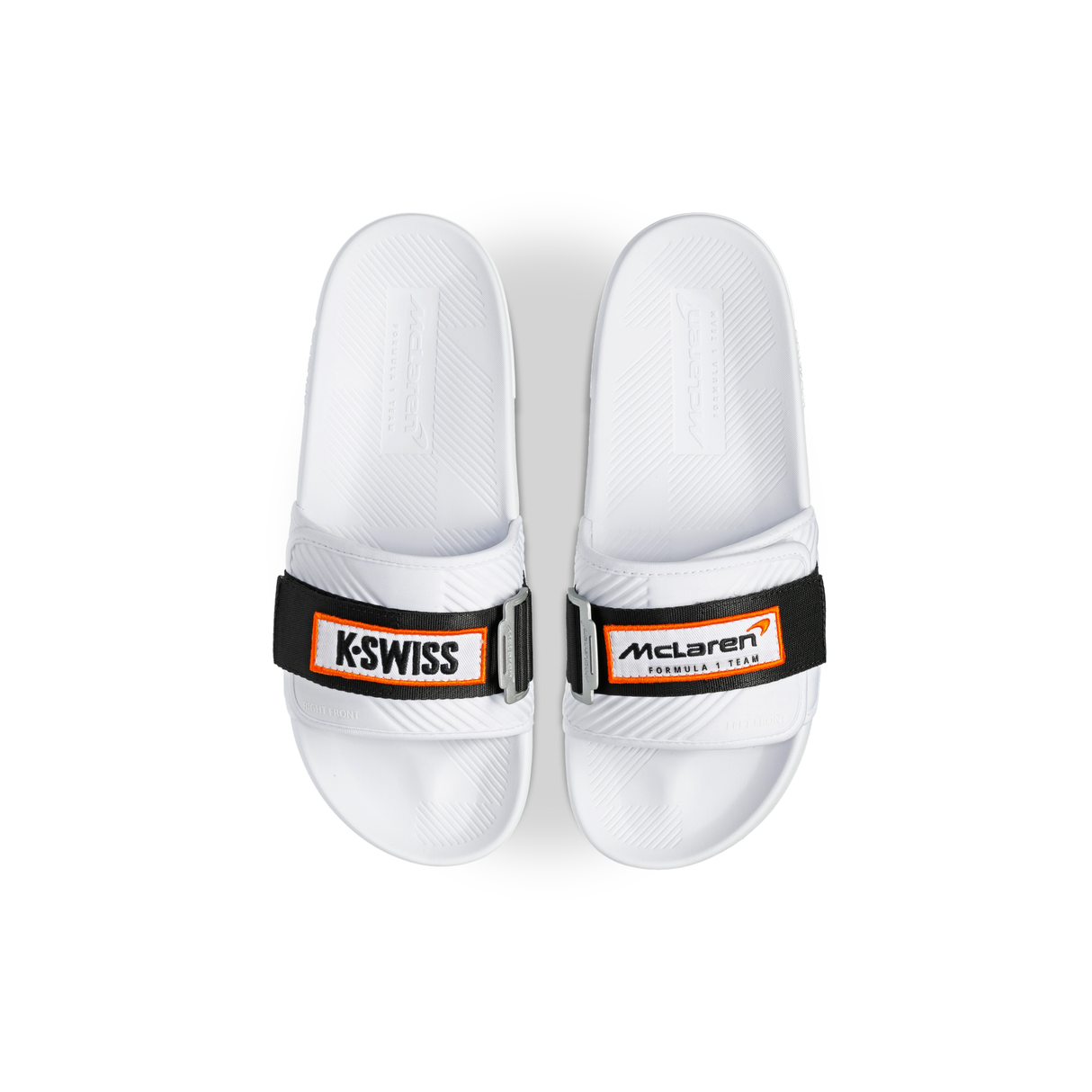 K-Swiss x McLaren Strap Sandals White Black - Top Down View Showing K-Swiss and McLaren Branding