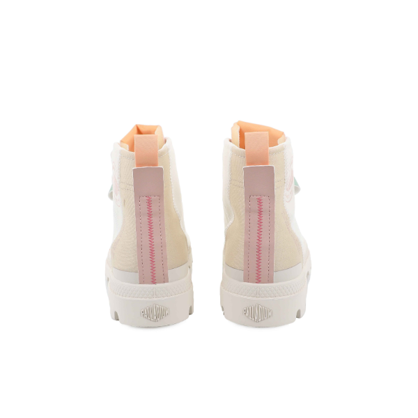 Palladium Pampa Hi Urban Layer boots in Cream White - pair back view showing peach accent tab and pink stitch detail