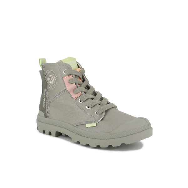 Palladium Pampa Hi Urban Layer boot in Abbey Stone - back view on white background