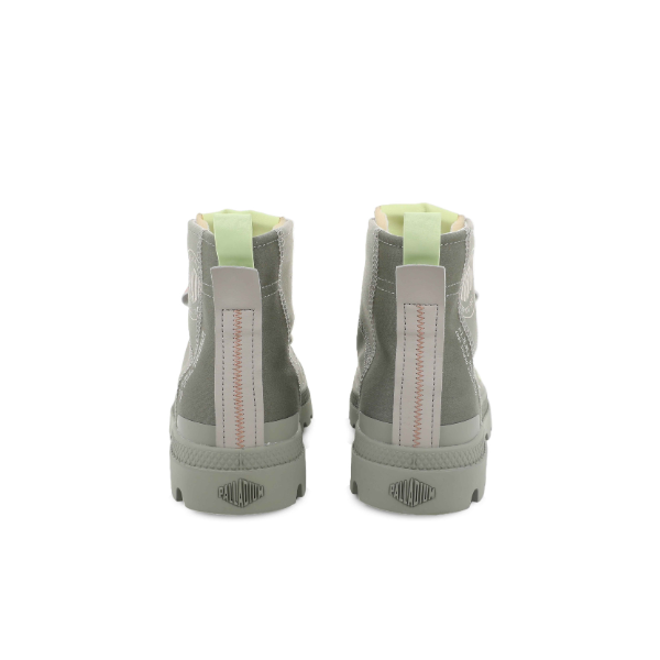 Palladium Pampa Hi Urban Layer boots in Abbey Stone - pair back view showing lime green tab detail