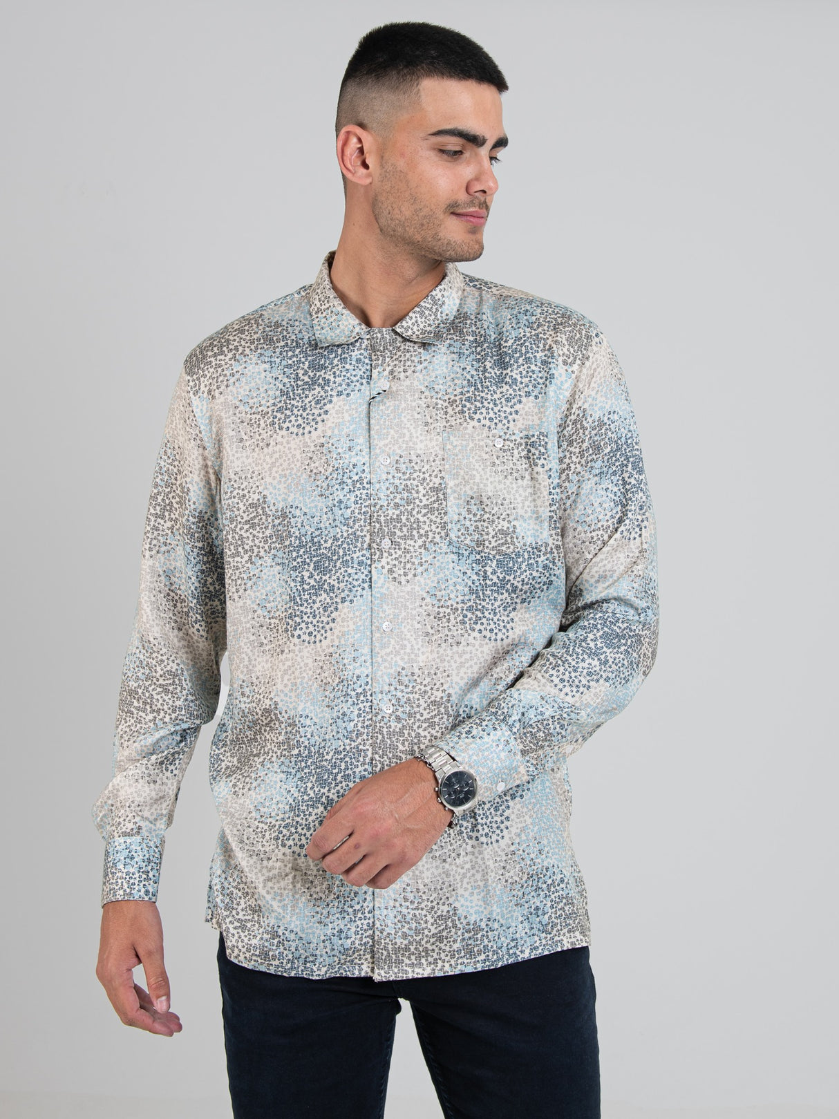 PABLO TENCEL PRINT LONG SLEEVE SHIRT - Beige / Sky
