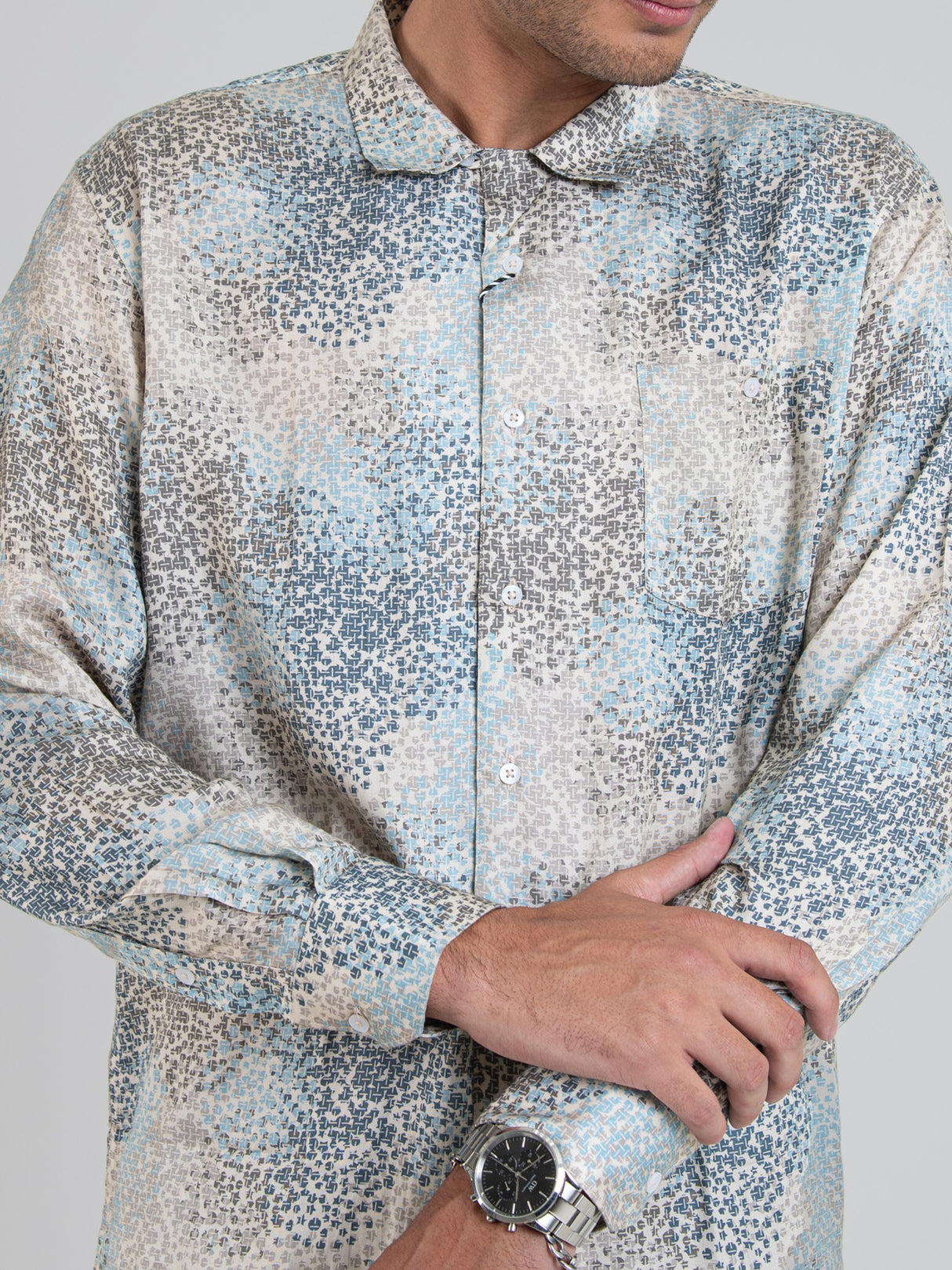 PABLO TENCEL PRINT LONG SLEEVE SHIRT - Beige / Sky