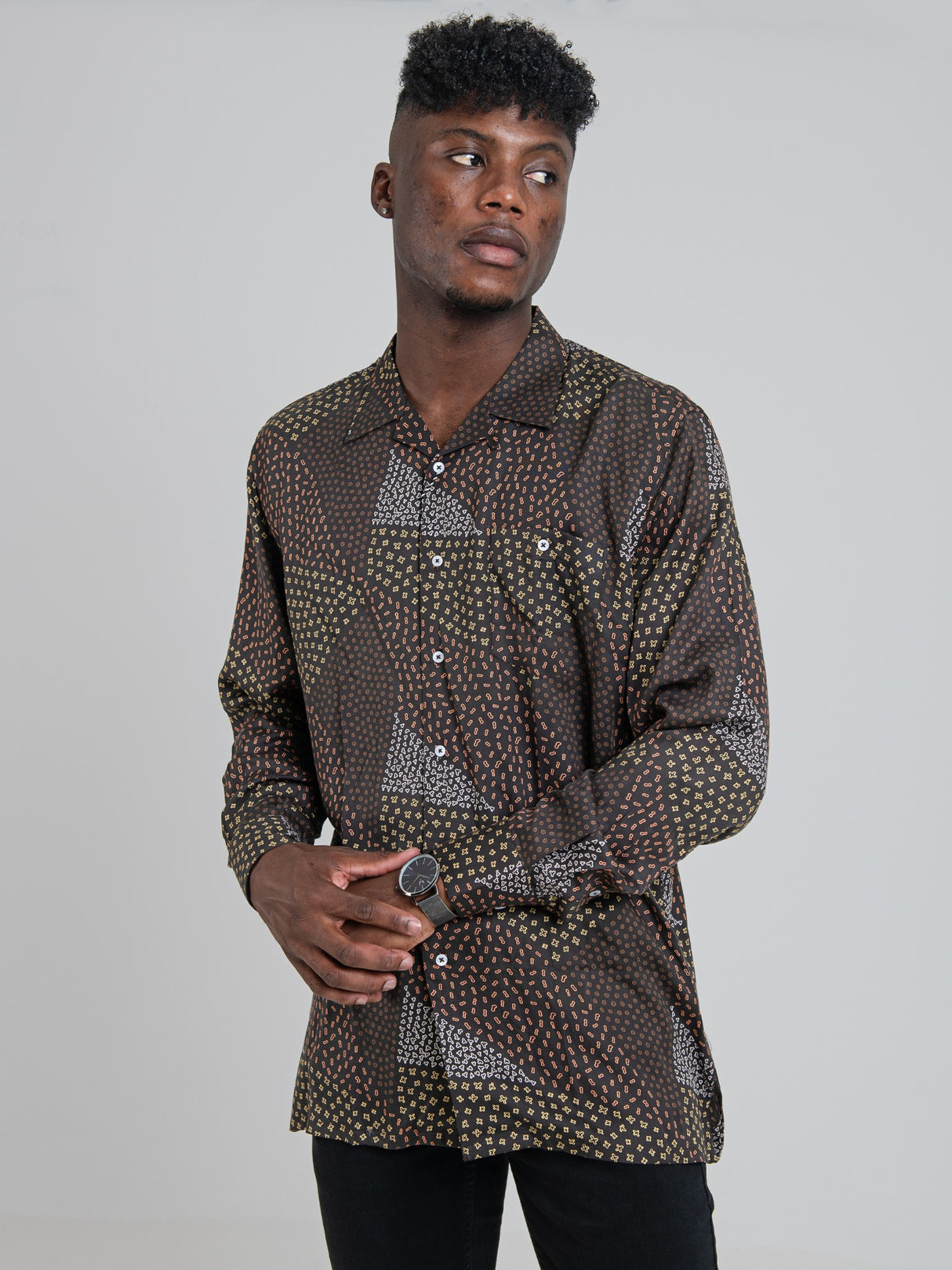 RAUL TENCEL PRINT LONG SLEEVE SHIRT - CHOCOLATE