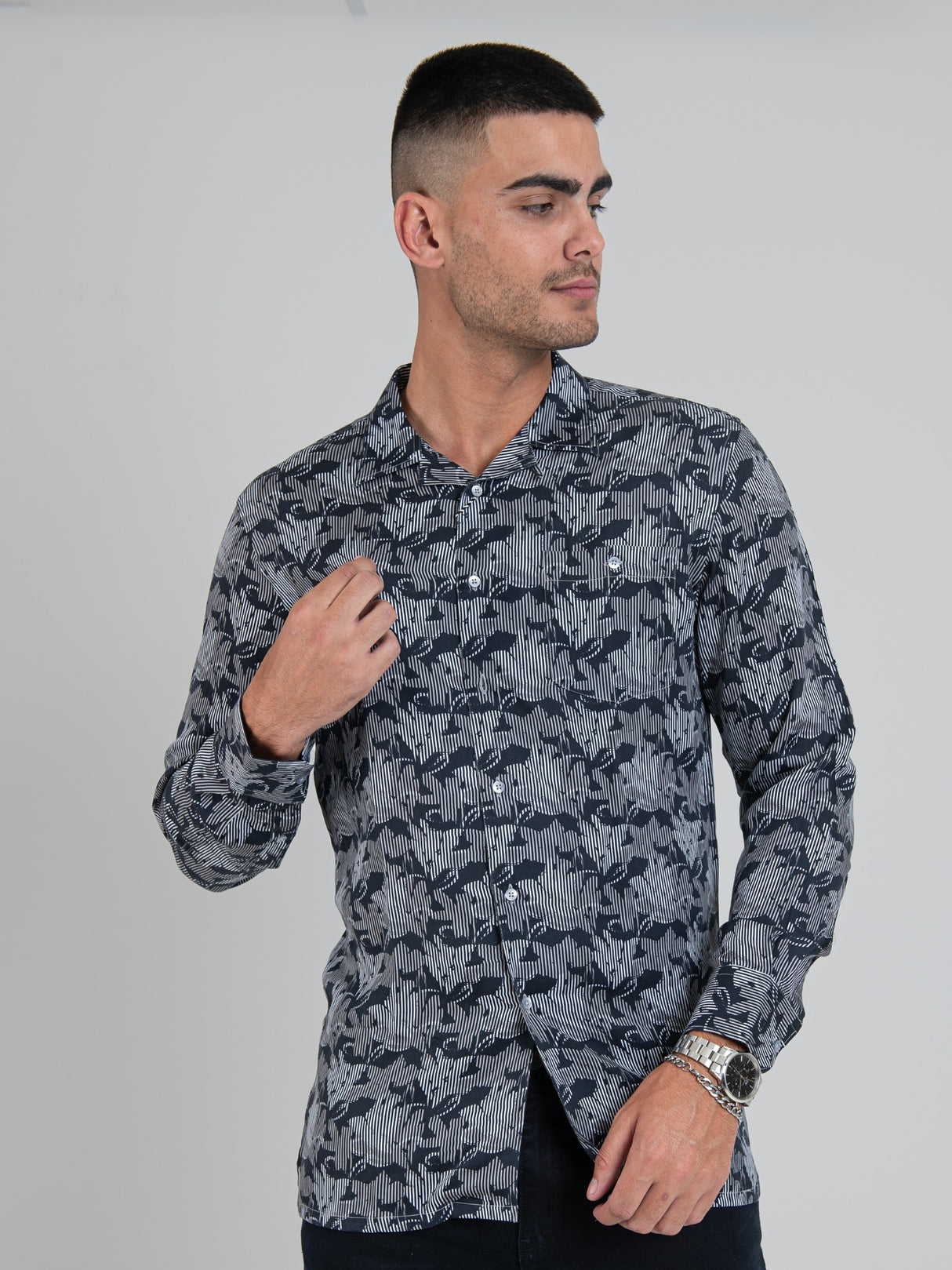 MIGUEL TENCEL PRINT LONG SLEEVE SHIRT - BLACK
