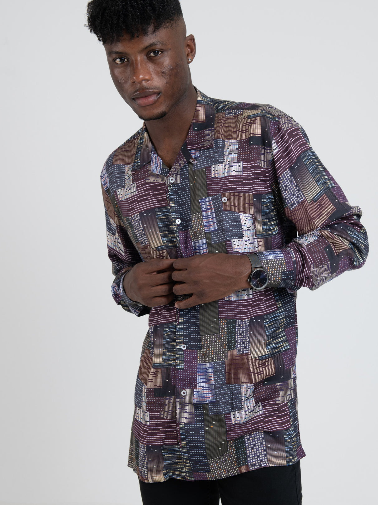 HECTOR TENCEL PRINT LONG SLEEVE SHIRT - Navy / Wine