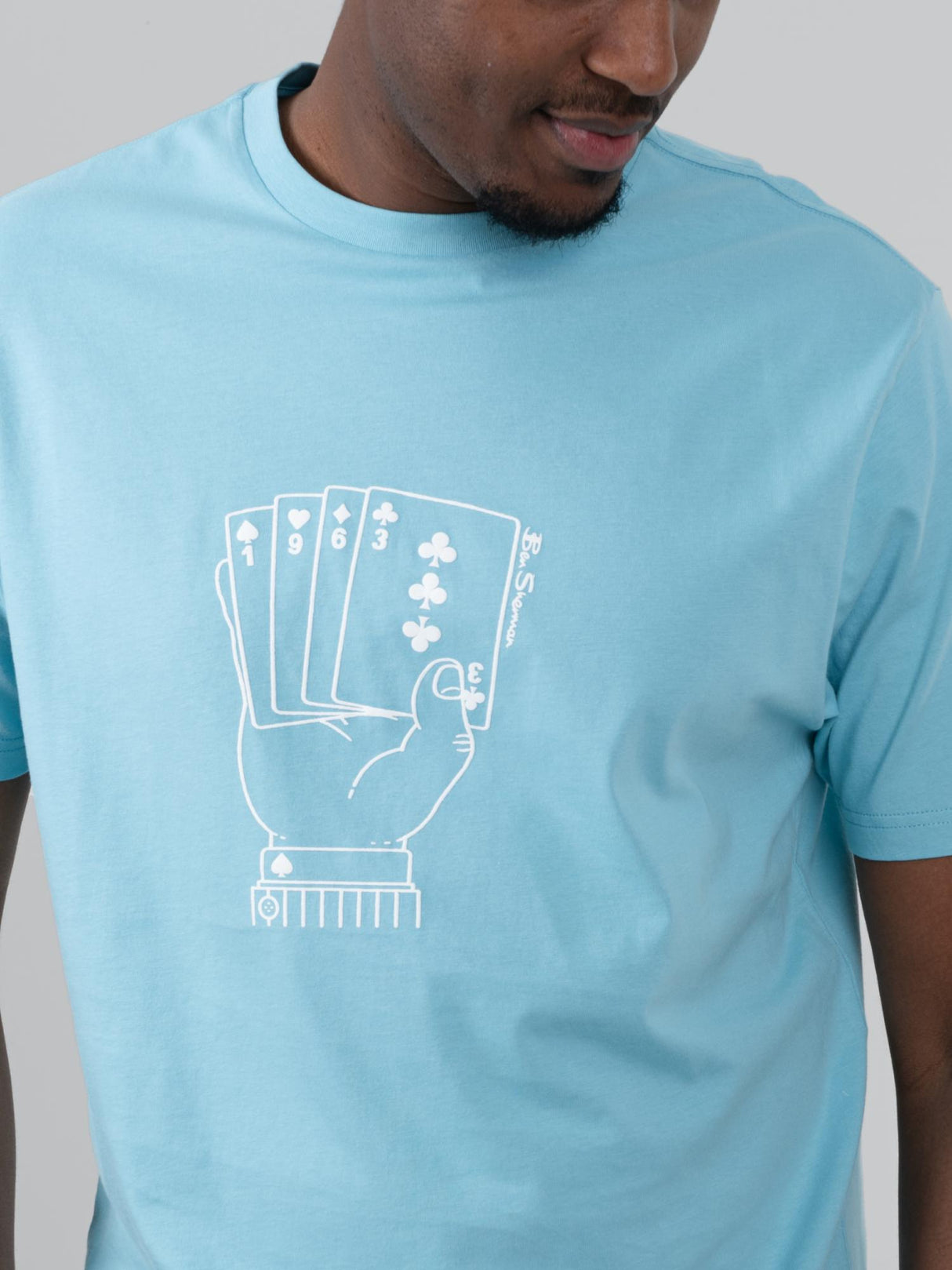 Ben Sherman Hidden Ace Tee in Retro Blue - close-up of the ace card hand graphic print on chest
