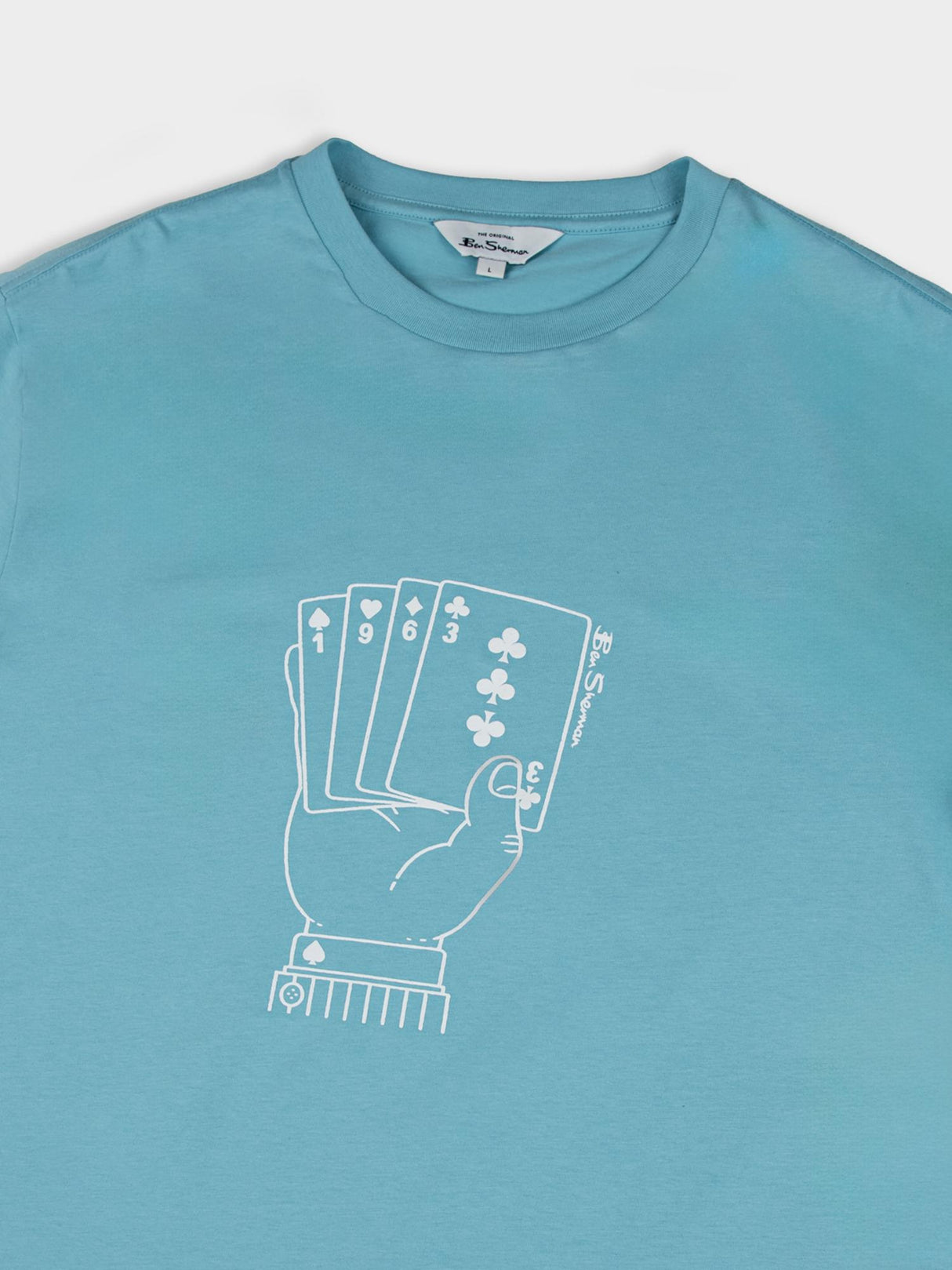 Ben Sherman Hidden Ace Tee in Retro Blue - detailed close-up of the playing cards graphic print on chest