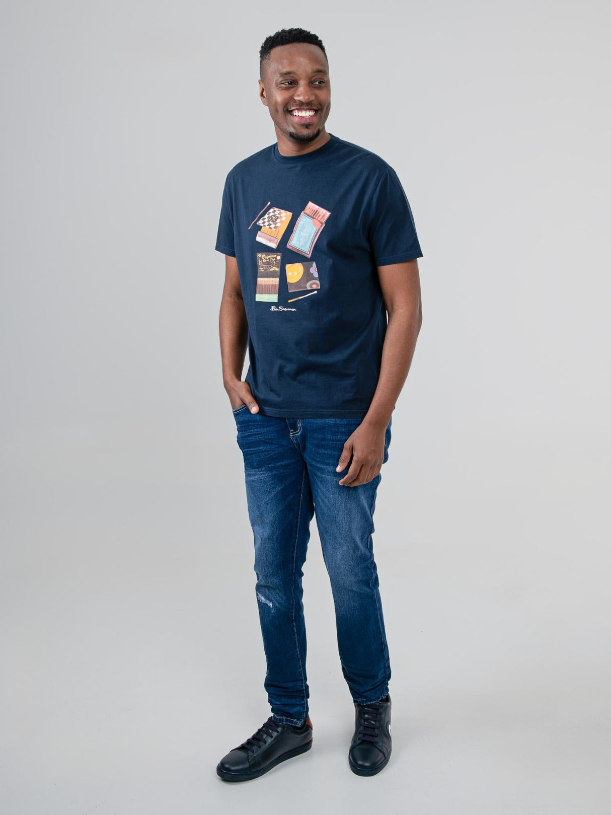 Ben Sherman Match Box T-Shirt in Navy - full-length front view on male model