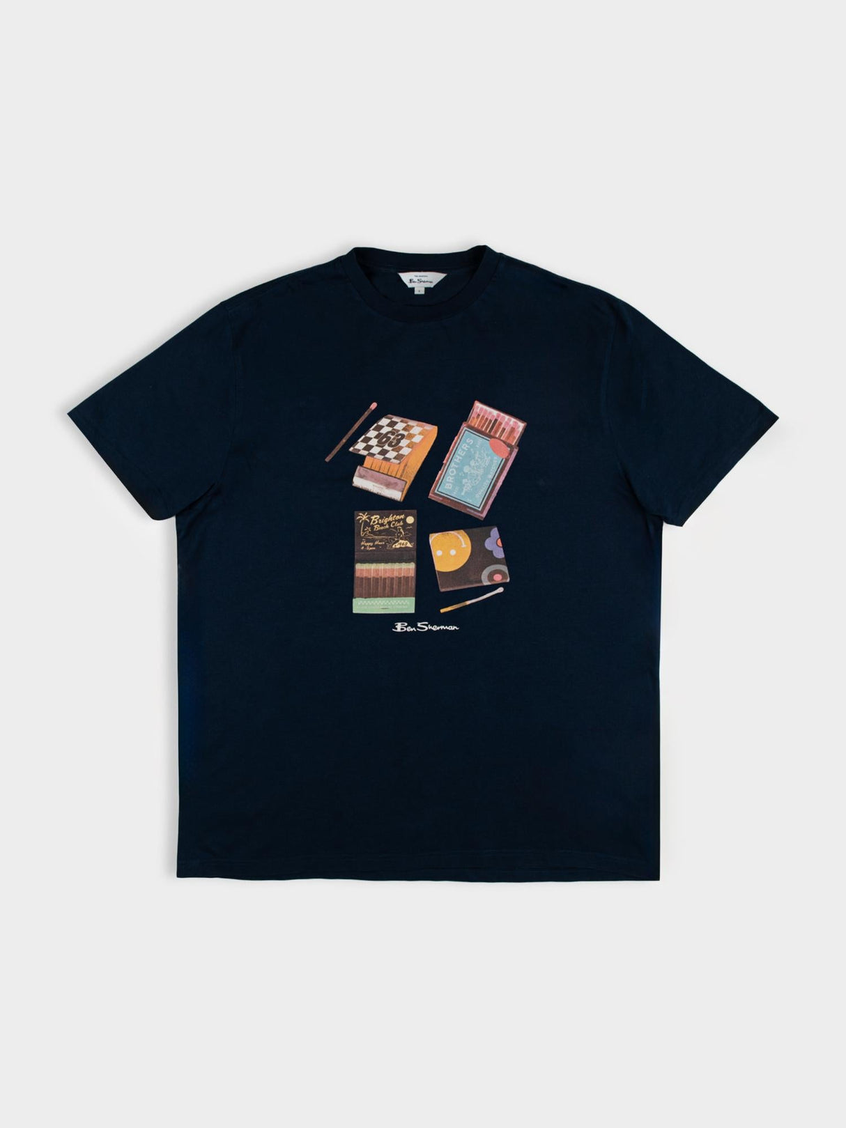 Ben Sherman Match Box T-Shirt in Navy - flat lay showing matchbook graphic print design