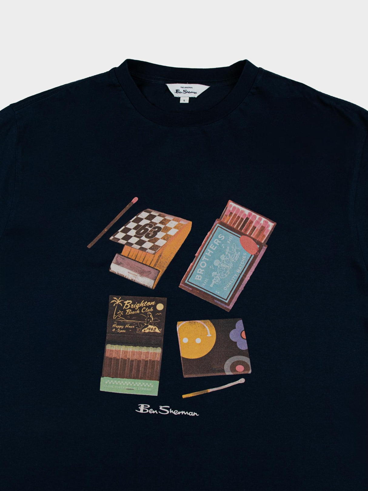 Ben Sherman Match Box T-Shirt in Navy - close-up flat lay of vintage matchbook graphic print