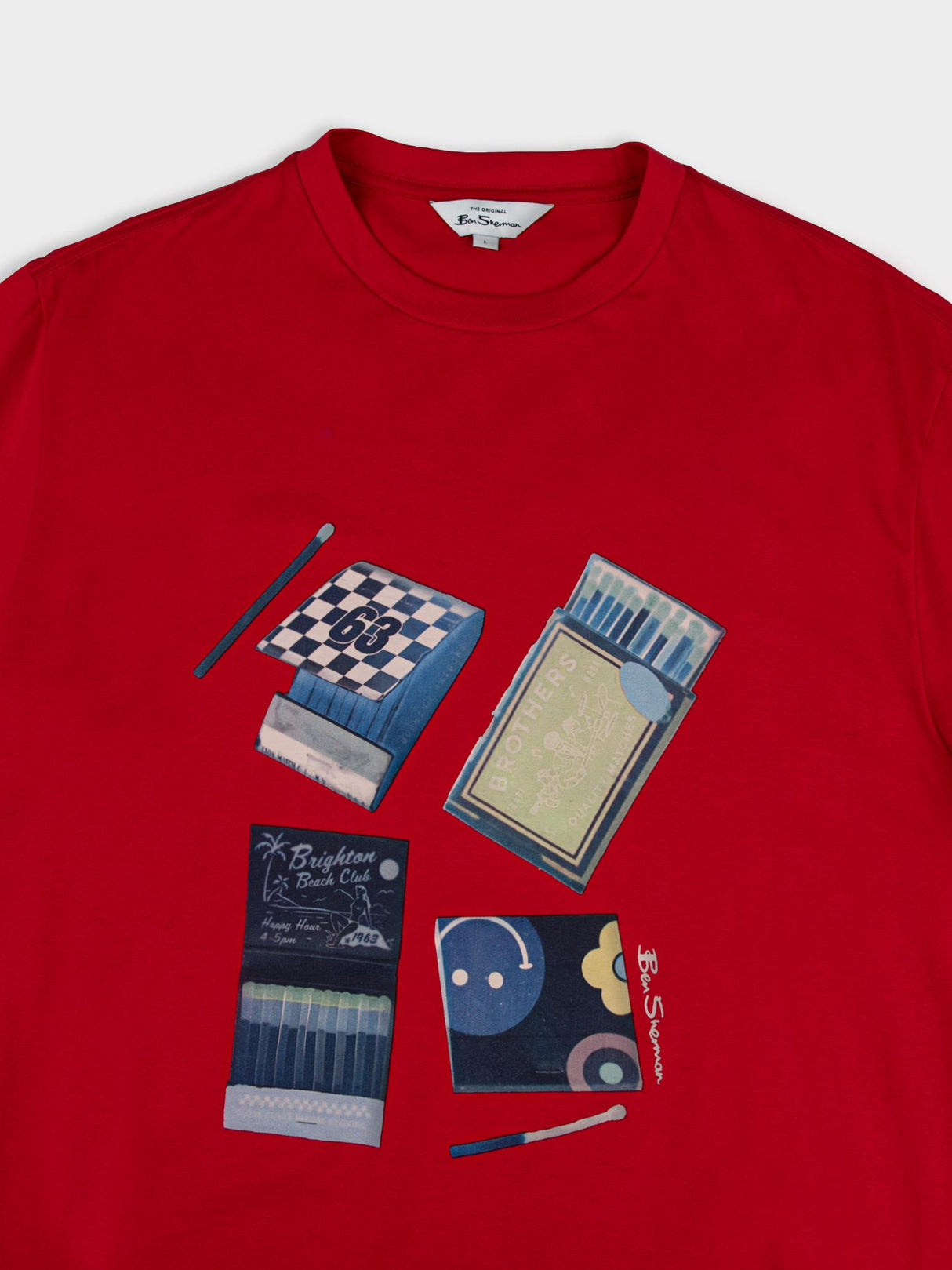 Ben Sherman Match Box T-Shirt in Red - close-up flat lay of vintage matchbook graphic print