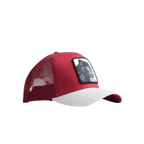 Red and white trucker cap with a patch