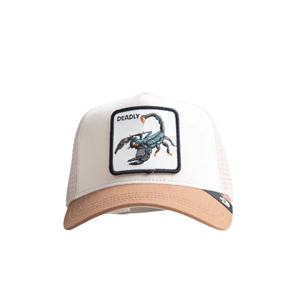 Front view Goorin Bros The Deadliest Scorpion Taupe Tan Trucker Cap