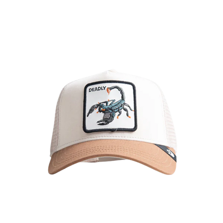 Front view Goorin Bros The Deadliest Scorpion Taupe Tan Trucker Cap