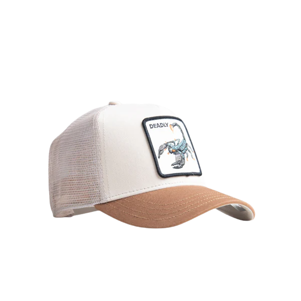 Side view Goorin Bros The Deadliest Scorpion Taupe Tan Trucker Cap
