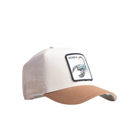 Side view Goorin Bros The Deadliest Scorpion Taupe Tan Trucker Cap