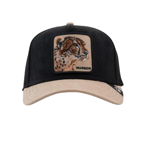 Front view of Goorin Bros The Suede Cheetah Black/Tan Trucker Cap