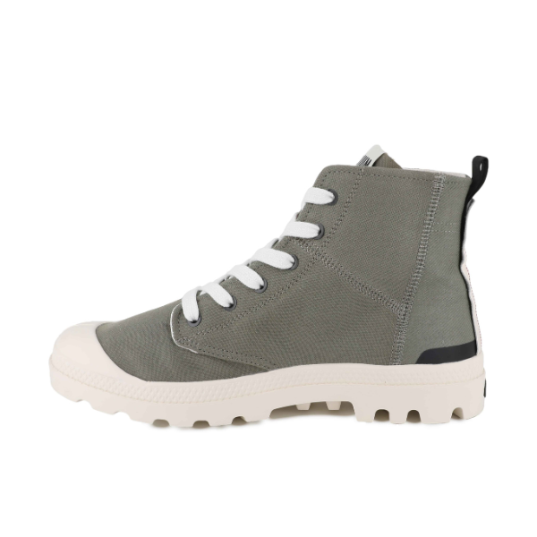 Palladium Pampa Hi Urban boot in Vetiver - back side view on white background