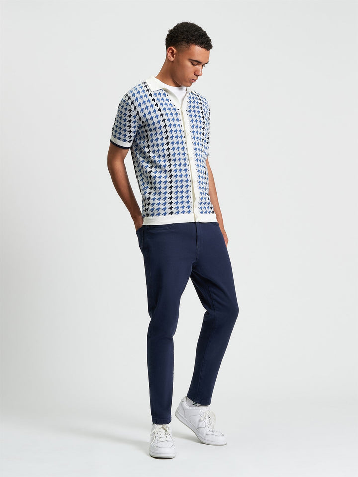 Ben Sherman Houndstooth Button Through Polo in Ivory - full body view of men&
