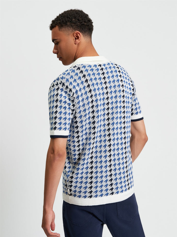 Ben Sherman Houndstooth Button Through Polo in Ivory - back view of men&