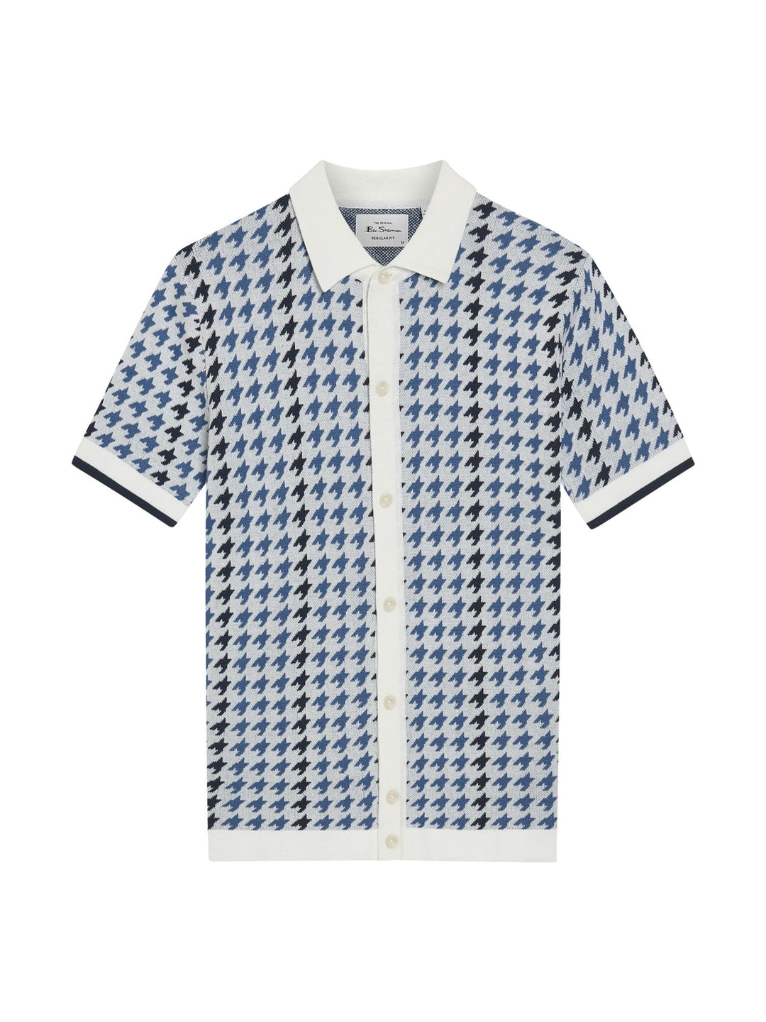 Ben Sherman Houndstooth Button Through Polo in Ivory - flat lay product shot of men&
