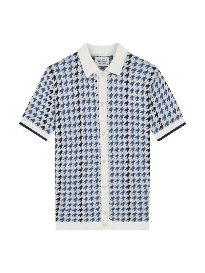 Ben Sherman Houndstooth Button Through Polo in Ivory - flat lay product shot of men&