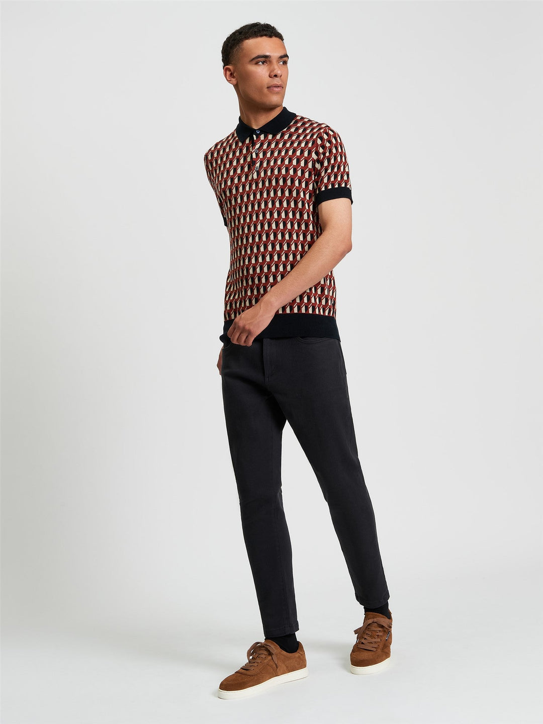 Ben Sherman All Over Jacquard Polo in Black - full body side view of men&