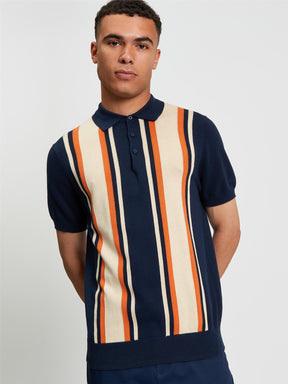 Ben Sherman Vertical Stripe Polo in Dark Navy - Men's Cotton Knitted Polo Front View | Partisan and Co