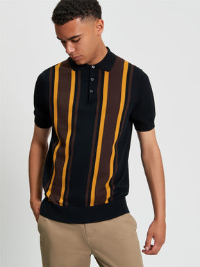 Ben Sherman Vertical Stripe Polo in Black - Men's Cotton Knitted Polo Front View | Partisan and Co