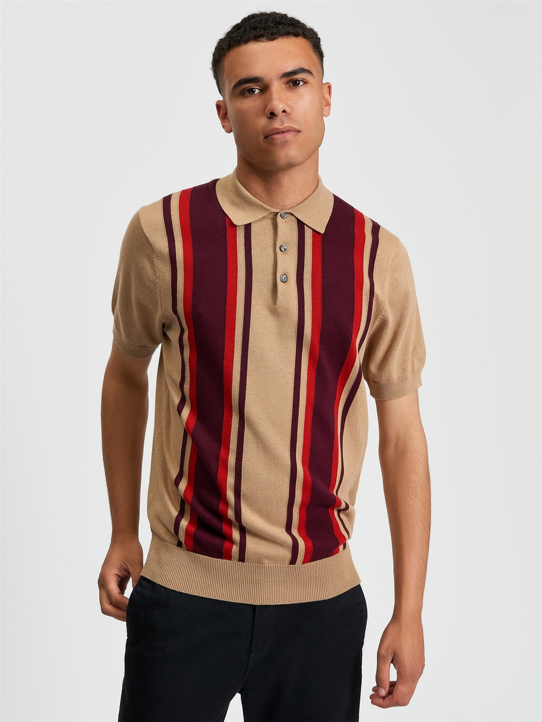 Ben Sherman Vertical Stripe Polo in Sand - Men's Cotton Knitted Polo Front View | Partisan and Co