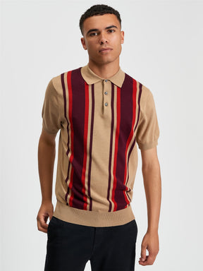 Ben Sherman Vertical Stripe Polo in Sand - Men's Cotton Knitted Polo Front View | Partisan and Co
