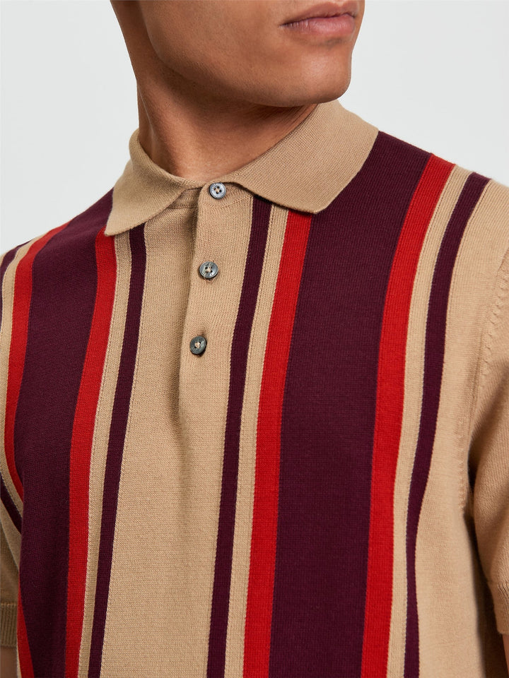 Ben Sherman Vertical Stripe Polo in Sand - Model Side View | Partisan and Co